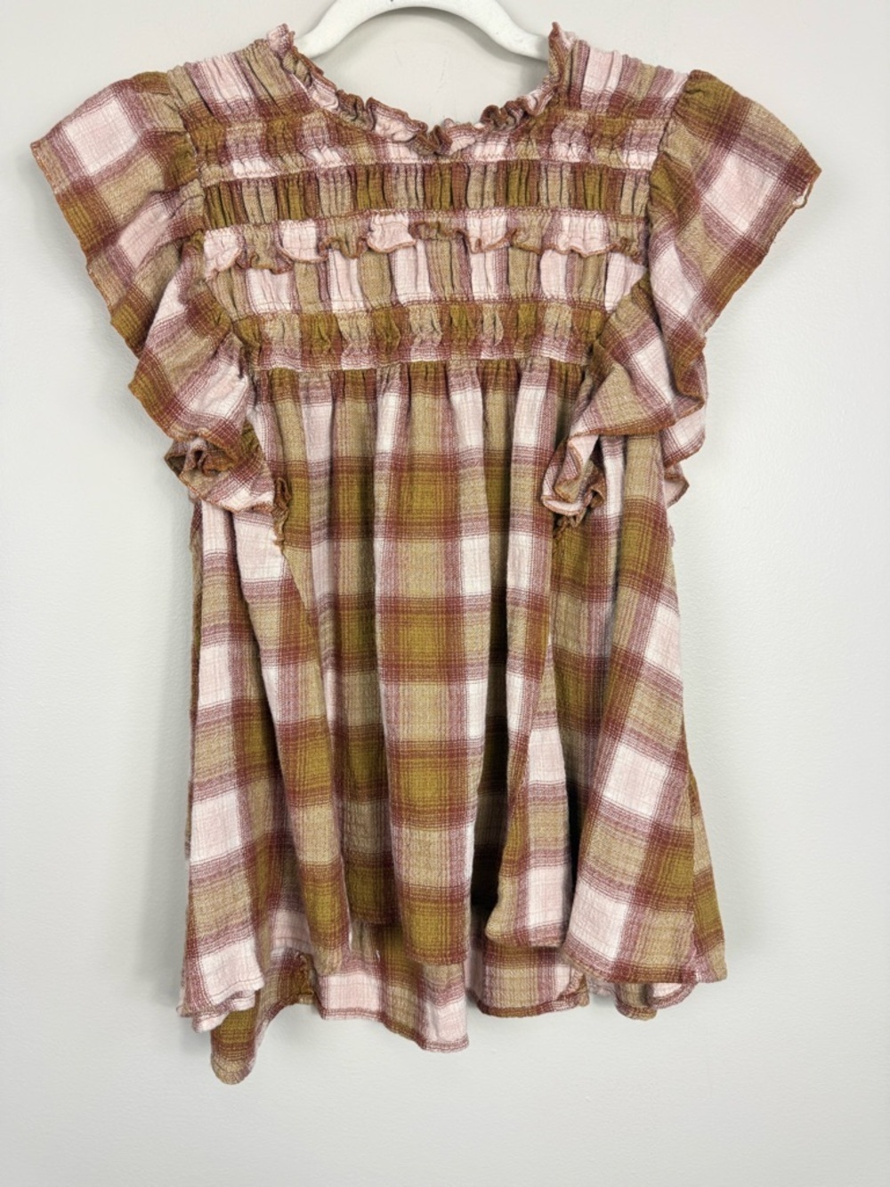 Free People Not Your Average Girl Plaid Top Women Small Ruffle Brown White Boho